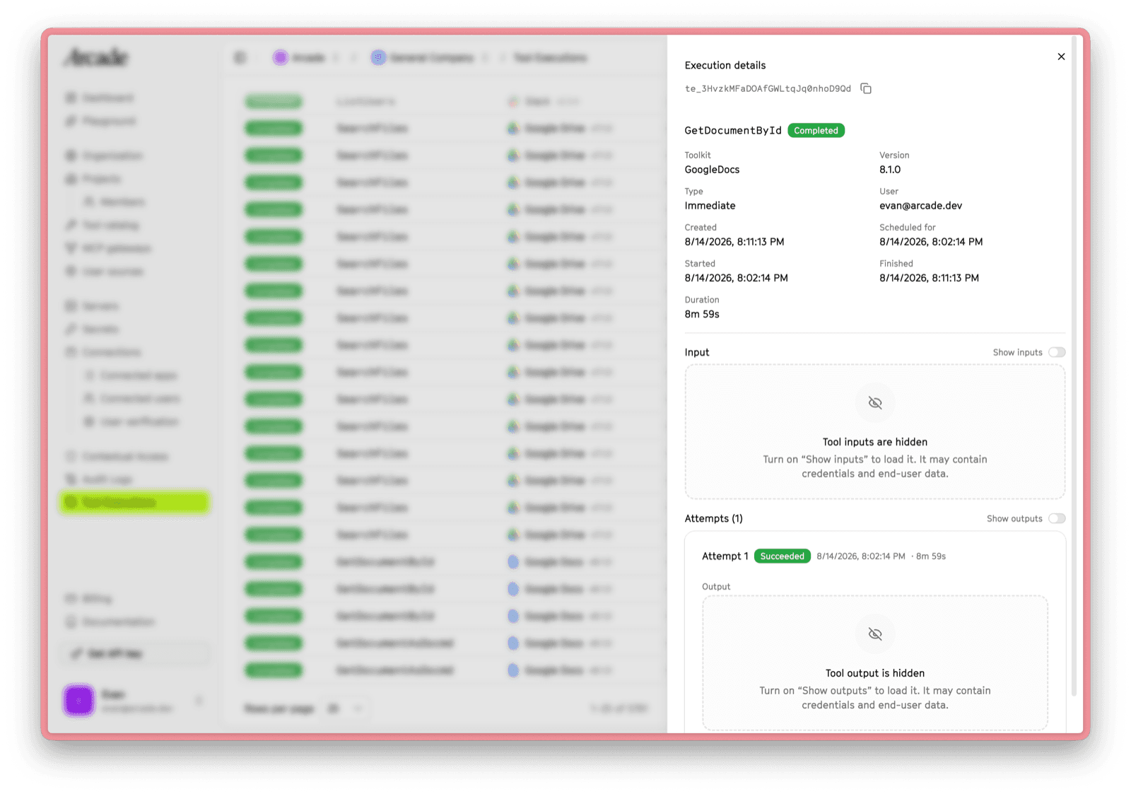 The execution details panel showing tool metadata and timing, with tool inputs and outputs hidden behind toggles