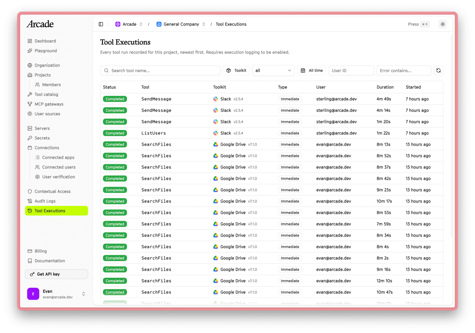 The Tool Executions page in the Arcade dashboard, listing recent runs with status, tool, toolkit, type, user, duration, and start time